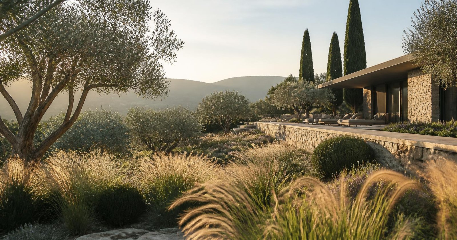 Grand jardin méditerranéen en Provence avec oliviers, graminées et terrasse en pierre