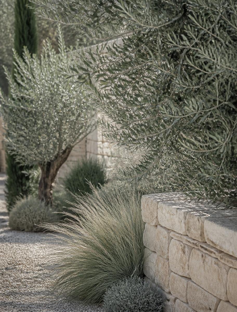 Détail d’un jardin méditerranéen : olivier, graminées et muret en pierre claire