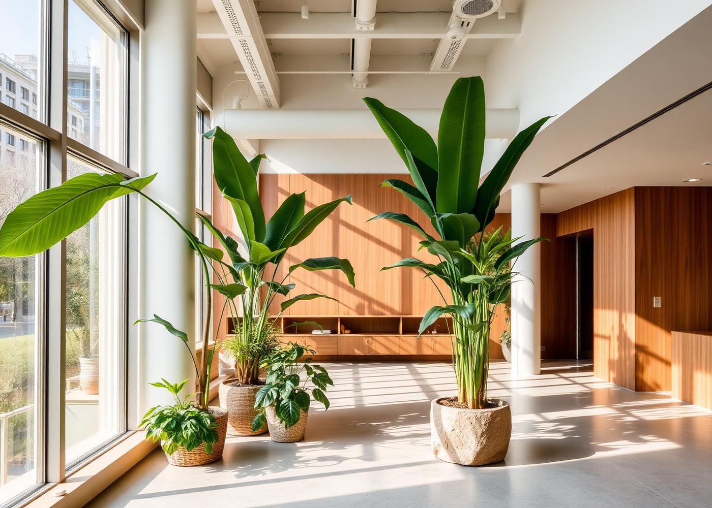 Espace professionnel végétalisé avec grandes plantes et lumière naturelle
