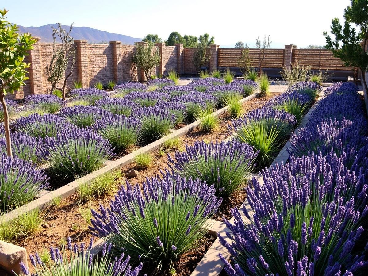 Massifs de lavandes et graminées d’un jardin méditerranéen nouvellement créé