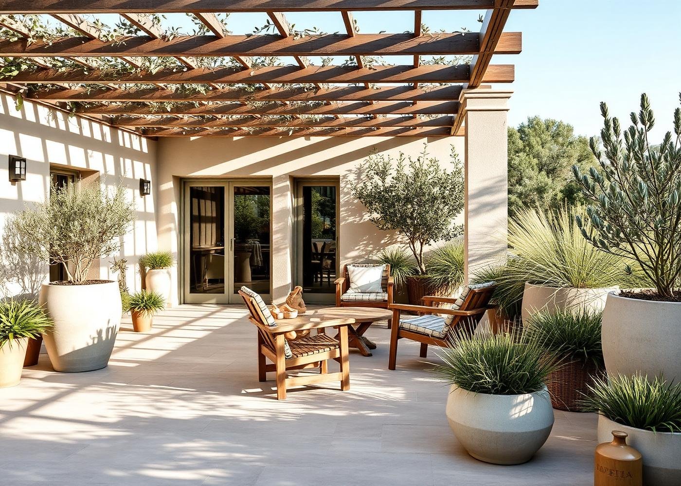 Terrasse méditerranéenne aménagée avec pergola, oliviers en pots et graminées